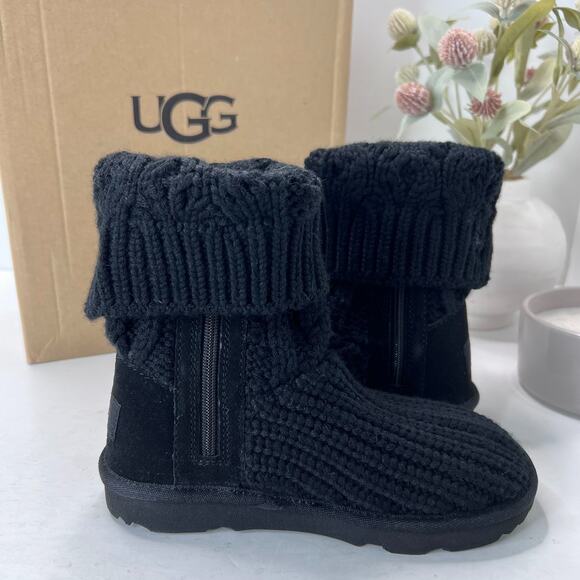 UGG Classic Cardi Cable Knit Boots Foldable Side Zip Black Kids 12 NWB - Picture 10 of 16